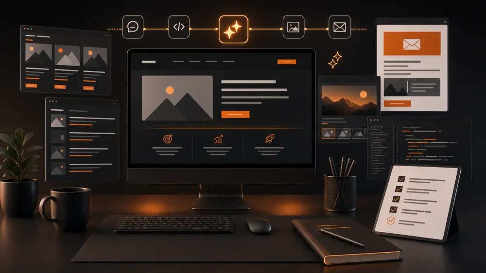 Mesa de trabajo con interfaz web, artículos, newsletter y herramientas de IA coordinadas por criterio humano
