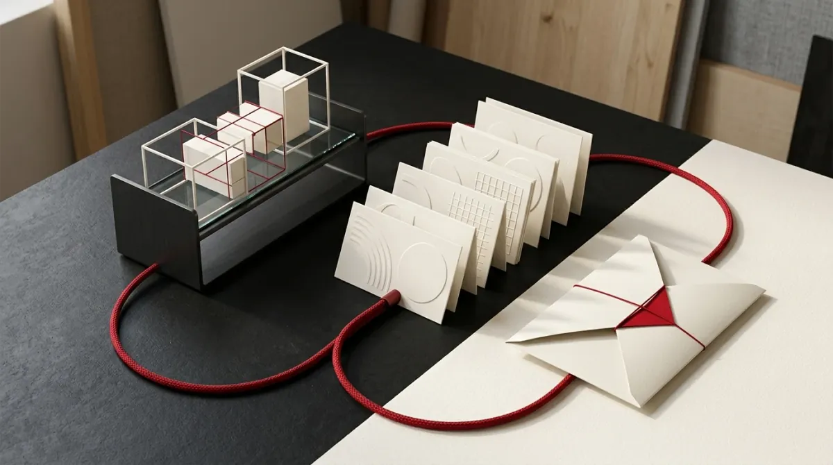 Bodegón arquitectónico de estudio que muestra la conexión mediante un cordón rojo entre la estructura web, las tarjetas de contenido orgánico y el envío de newsletter