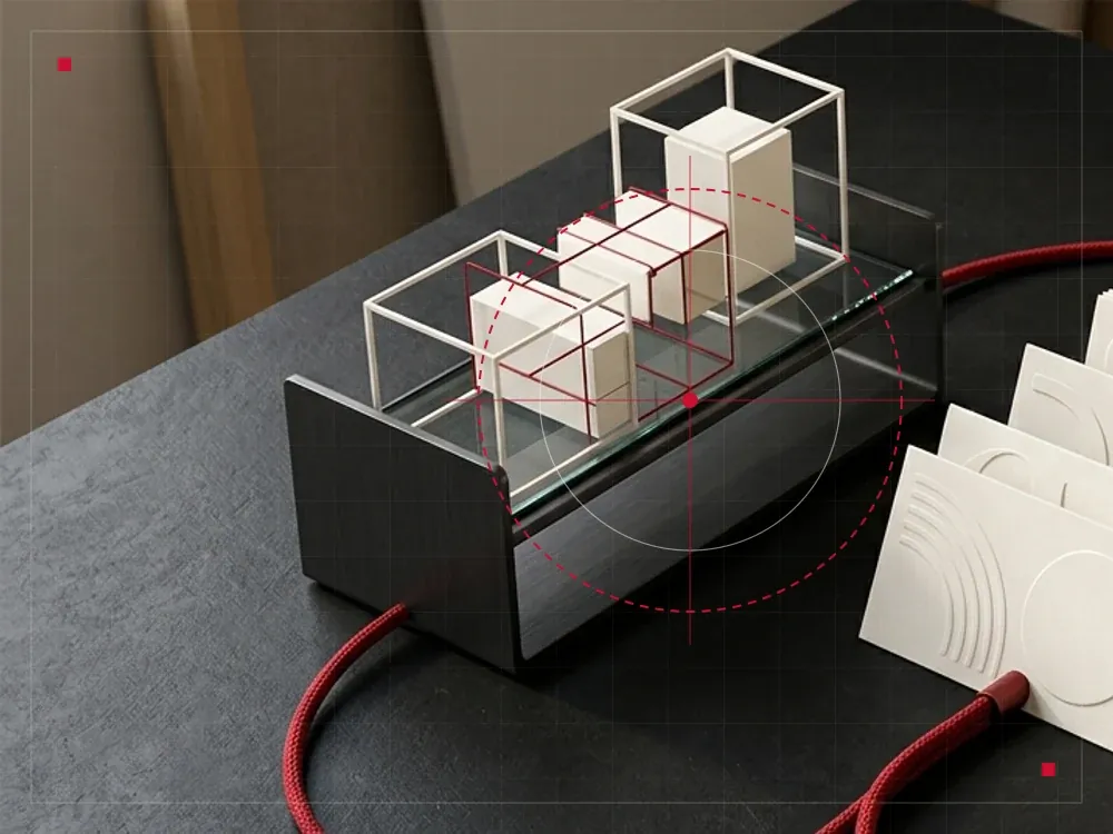 Metáfora visual de precisión técnica y calibración editorial humana sobre estructura modular